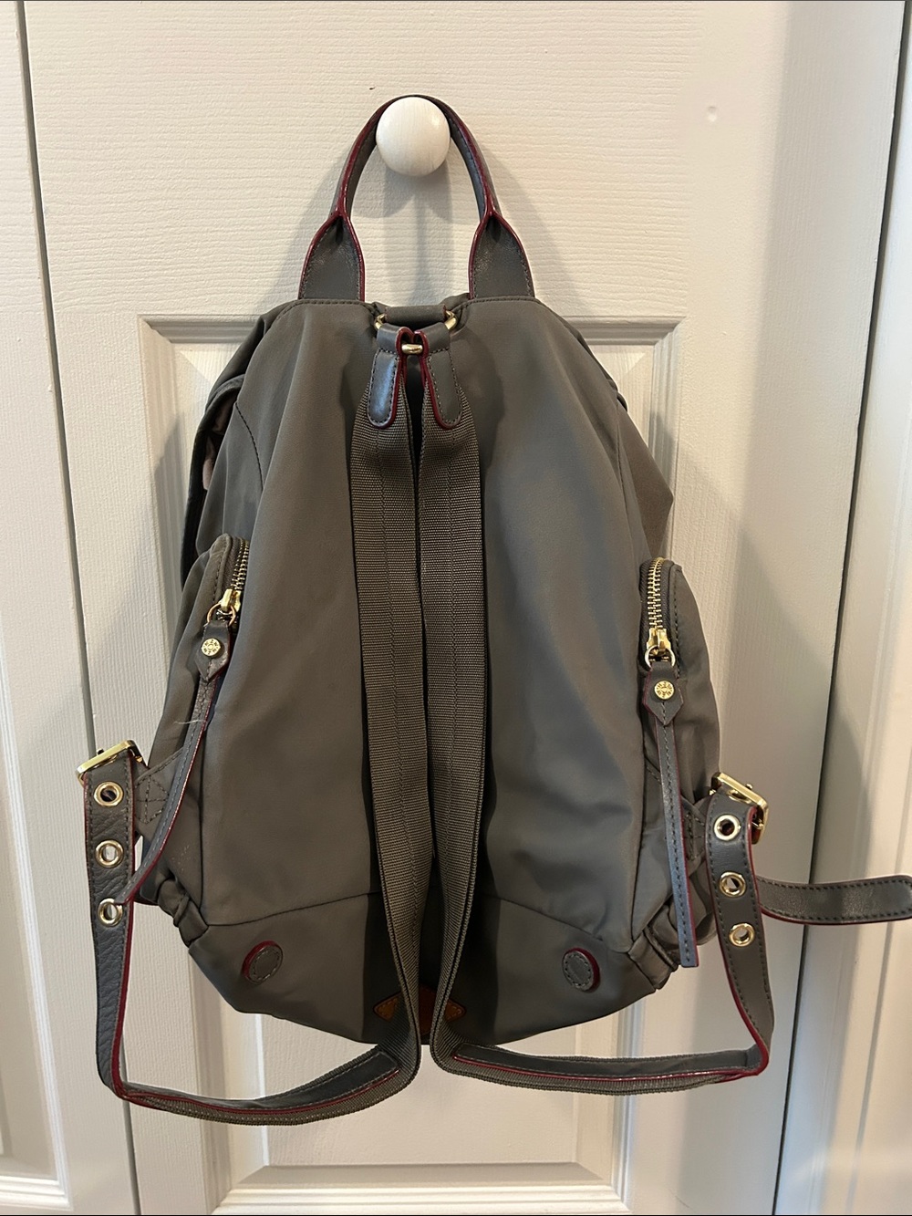 MZ Wallace Gray Nylon Backpack with Red Trim and Gold Hardware - Picture 2 of 6